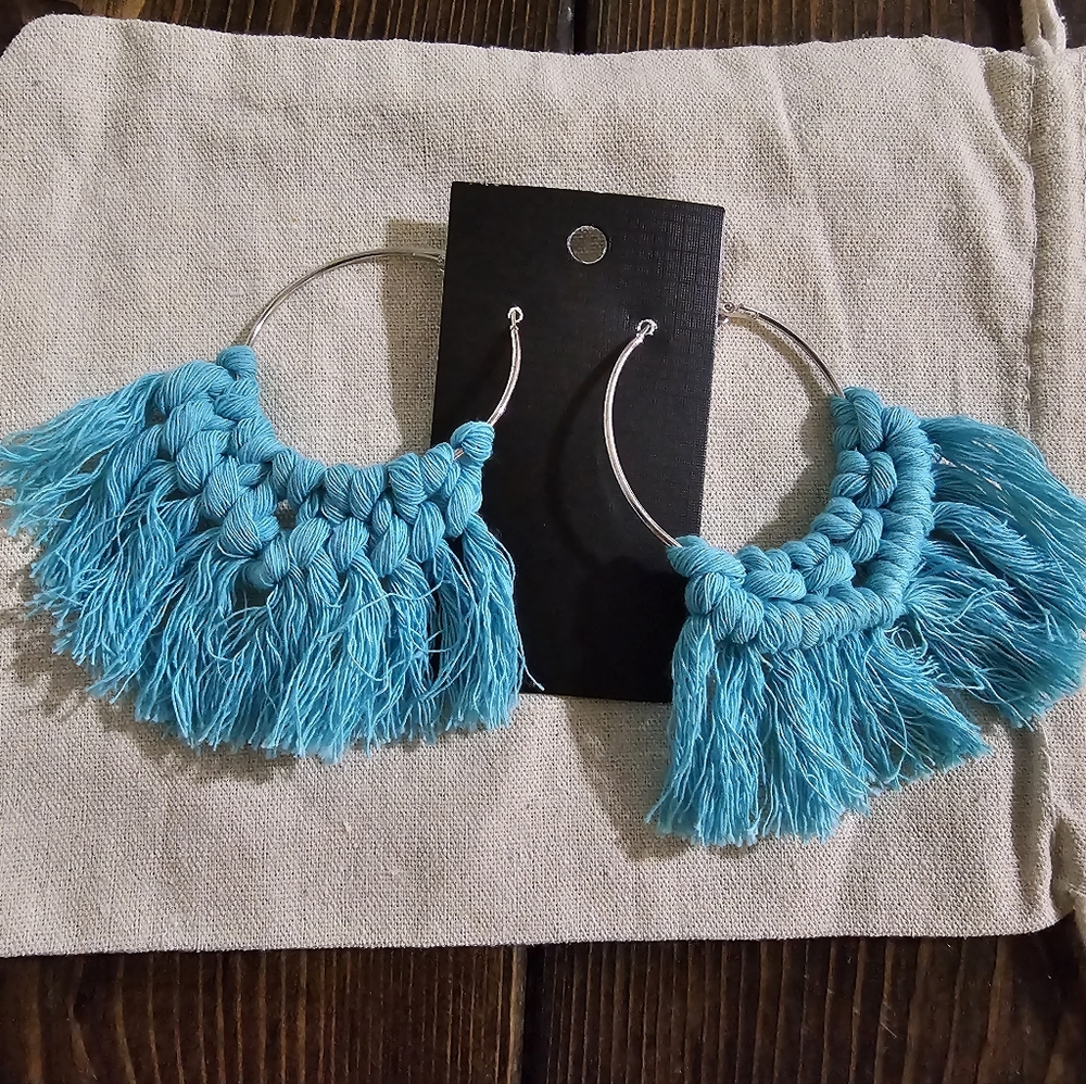 Blue fringe hoop earrings